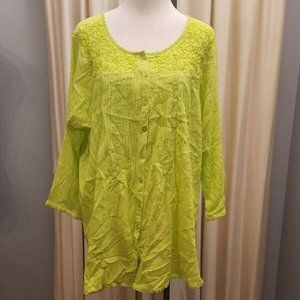 Avenue Button Up Shirt Women's 18/20 Neon Green 3/4 Sleeve 100% Cotton